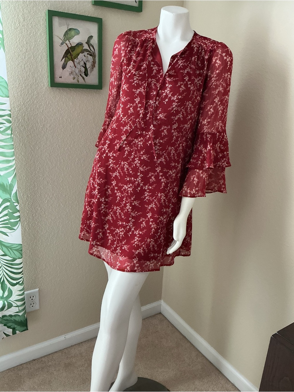 LOFT Outlet Red Floral V-Neck Tiered Dress XXSP